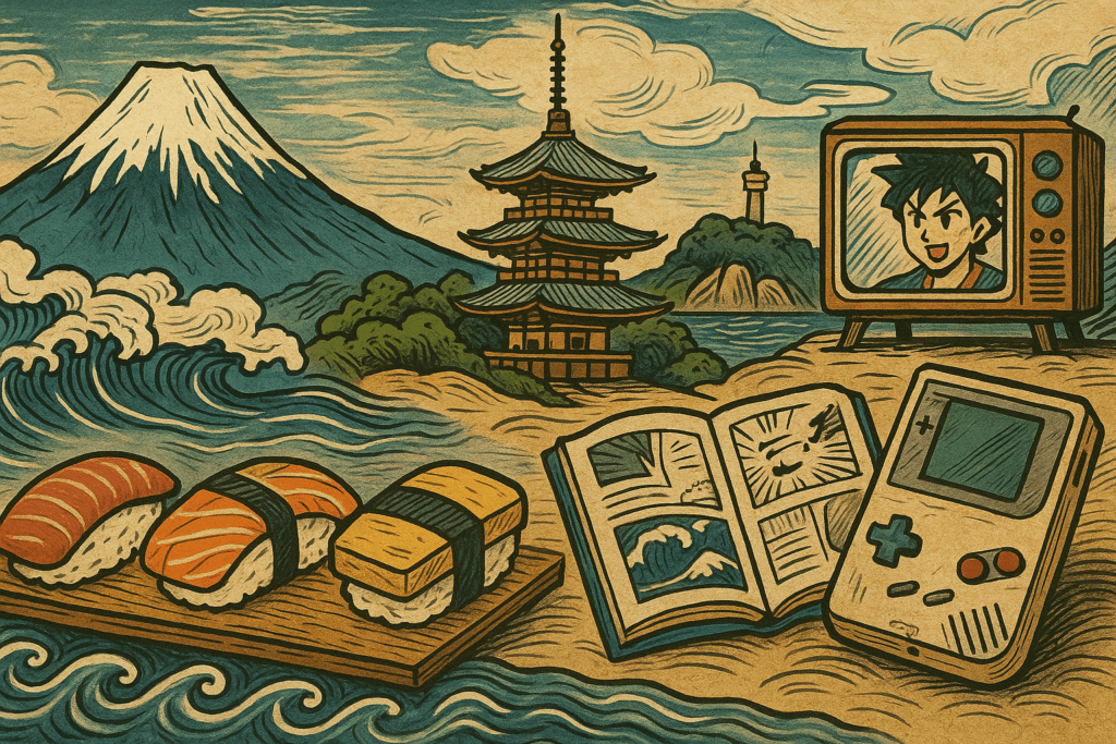 富士山、法隆寺、江の島の風景と寿司、テレビアニメ、漫画、ゲームなど日本文化を象徴するモチーフが、浮世絵風のタッチで横長に描かれたイラスト。伝統と現代カルチャーが融合した華やかでカラフルな構成。