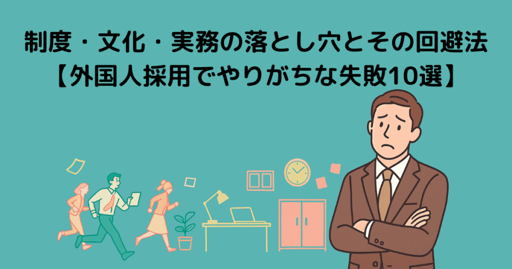 ホライゾングリーンの背景に、困った表情の男性とオフィス風景が描かれた横長イラスト。