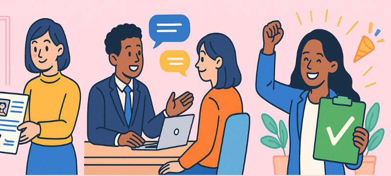 外国人労働者の雇用プロセスを描いたイラスト。書類提出、面接、採用決定後の勤務開始までの流れを示し、多様な働き方と採用活動を表現。